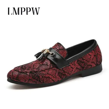 

Luxury Brand Men Party Red Black Dress Shoes Fashion Slip on Men Loafers Leather Casual Shoes Snake Tassel Men Loafers Moccasins