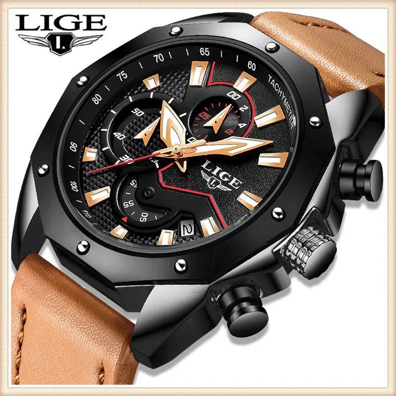 

LIGE Men Watches Fashion Chronograph Leather Quartz Watch Men Military Waterproof Sport Watch Relojes Hombre 9886