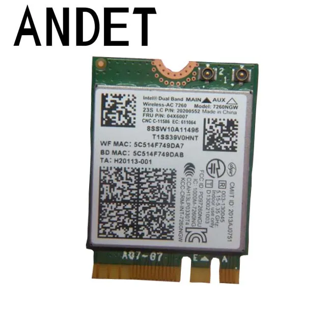 

Dual band Wireless-AC 7260 WiFi+BT 4.0 Combo card For Lenovo Thinkpad Y40 Y50 X240 T440 Series FRU 04X6007 20200552 04W3806