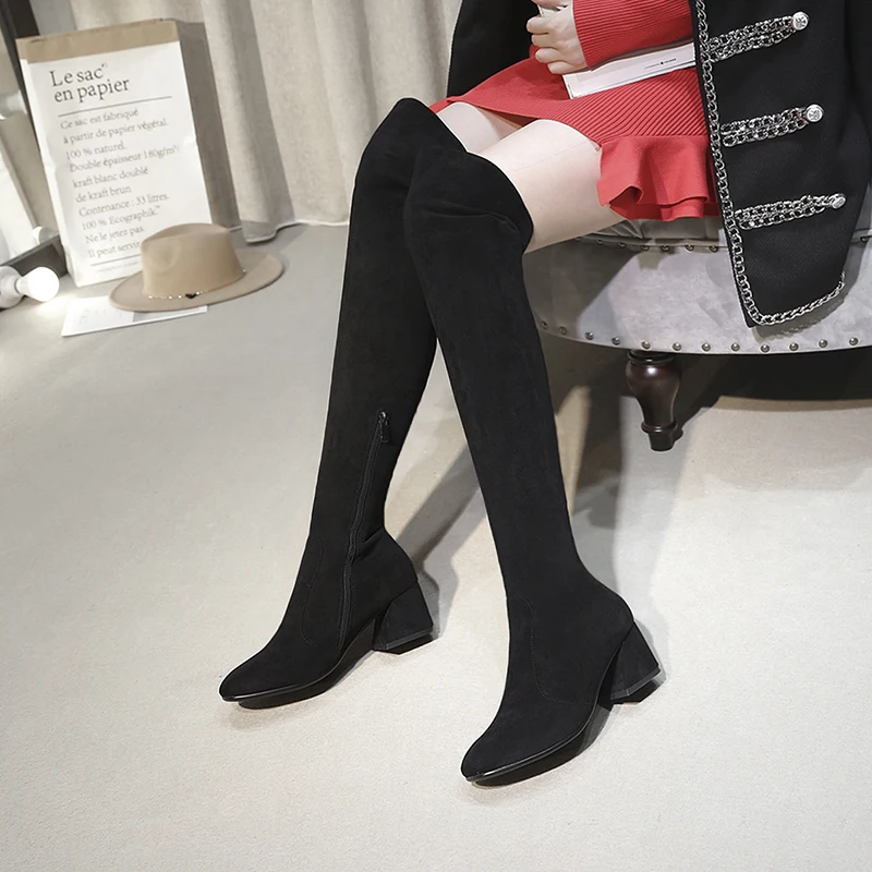 WETKISS/зимние теплые женские сапоги на высоком каблуке замшевые сапоги из эластичного меха женские Сапоги выше колена с круглым носком обувь, большие размеры 34-43