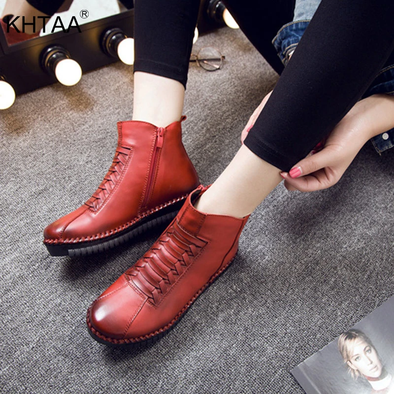 

Plus Size Flat Platform Casual Ankle Women Boots Autumn Zipper Ladies Shoe Genuine Leather Anti Skid 2018 Black Footwear Female