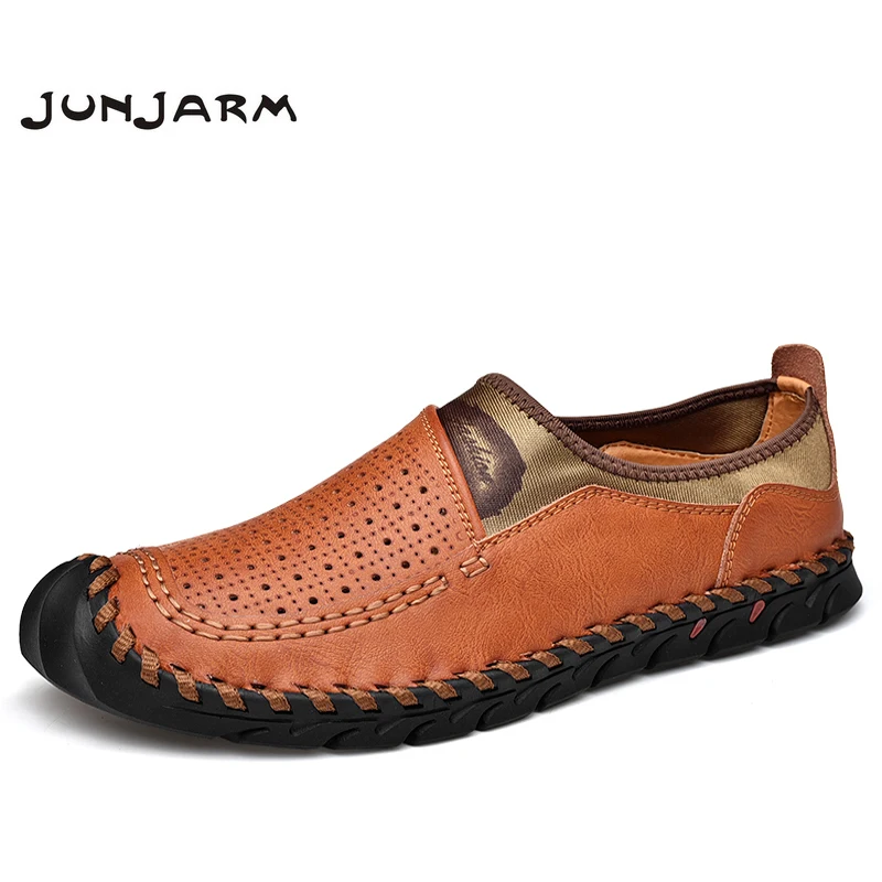 

JUNJARM Genuine Leather Men Casual Shoes Brand 2019 Mens Loafers Moccasins Breathable Slip on Driving Shoes Plus Size 38-48