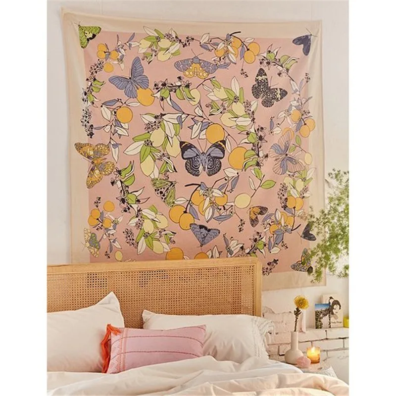 Bohemian Hippie Tapestry Wall Hanging Polyester Fabric Flower Butterfly Moth Boho Circle Decor Dorm Pink Tapiz Carpet Mural | Дом и сад