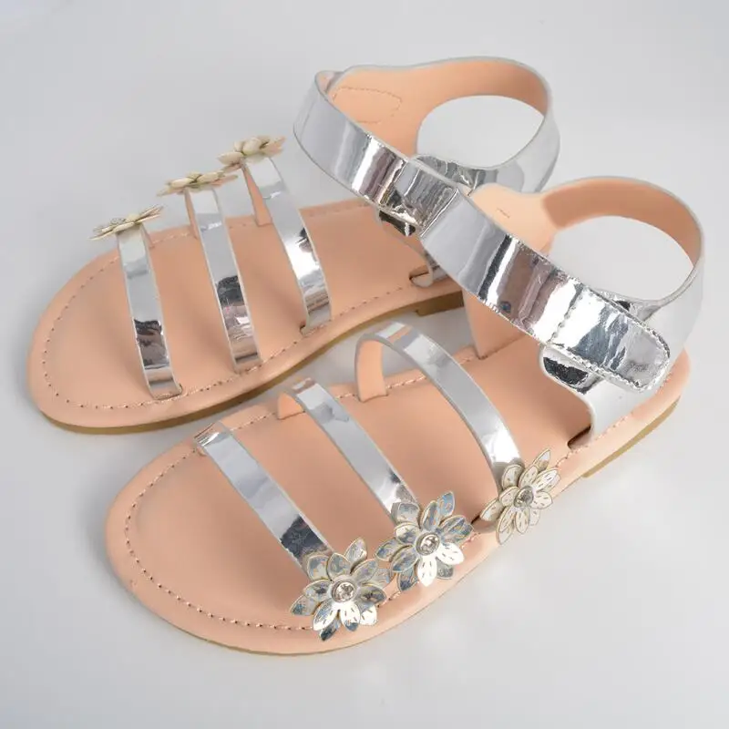 

SKHEK Baby Girl Sandals Fashion Bling Shiny Microfiber Girls Shoes With Flowers Kids Flat Sandals 2019 Hot Sale Size 17-22.5 CM