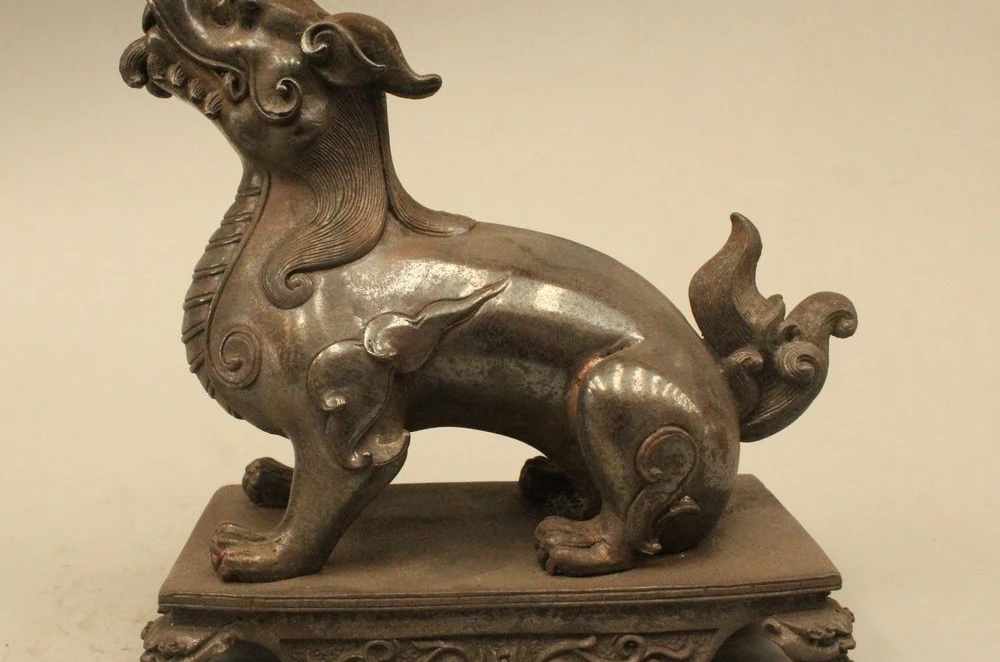 

6" Old Chinese Folk Feng Shui Bronze Dragon Kylin Kirin Beast Statue Sculpture