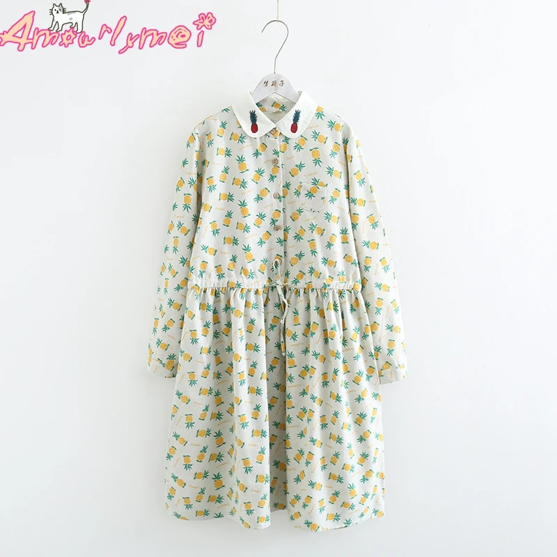 

2019 Spring Autumn Women Dress Japanese Style Mori Girl Sweet Pineapple Print Drawstring Waist Cotton Linen Long Sleeve Dress