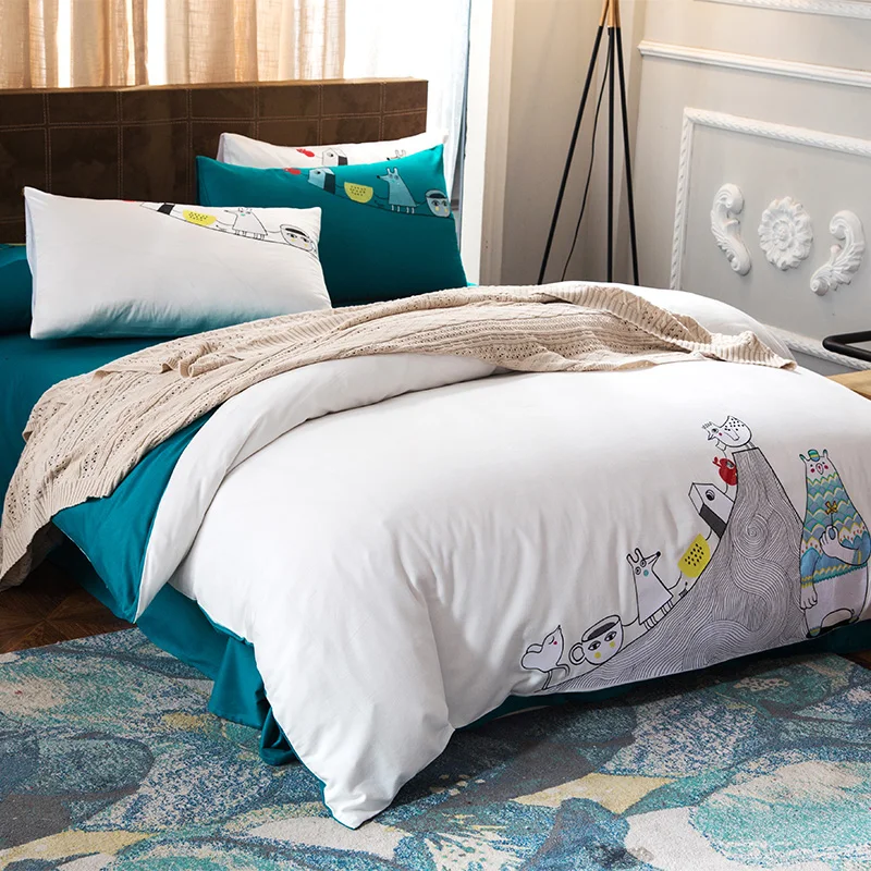 

embroidery duvet cover set White bedlinens high quality thick sanding cotton Queen King size bedding sheets