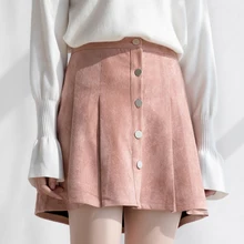 Women Suede Mini Skirts Autumn Burgundy Single Breasted A-Line Pleated Skirt Female High Waist Button Casual Pencil Skirts