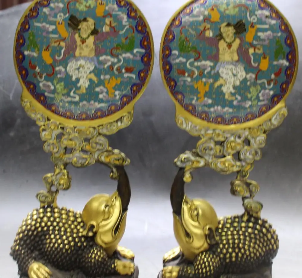 

13" Chinese Cloisonne Enamel Gold Gilt Elephant Hehe Two God Screen Pair Statue