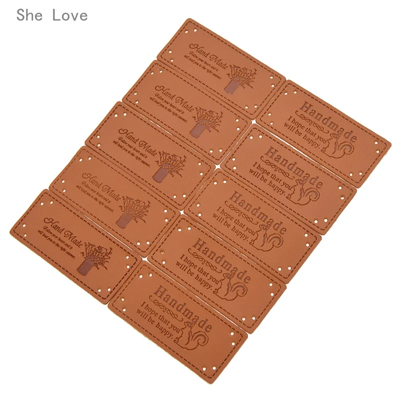 

She Love 15Pcs English Hand Made Labels PU Leather Tags On Clothes Leather Garment Labels For DIY Bags Shoes Sewing Accessories