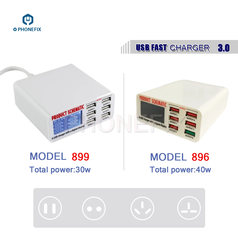 

PHONEFIX 6 Port USB Fast Charger EU US UK Plug for iPhone X 8 7 6 iPad Pro Air Mini 3 2 1 Fast Charging Station with LCD Display
