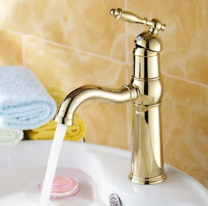Bathroom Faucet Gold Color Brass Basin Faucet Deck Mounted Single Handle Single Hole Hot And Cold Water Tap znf296
