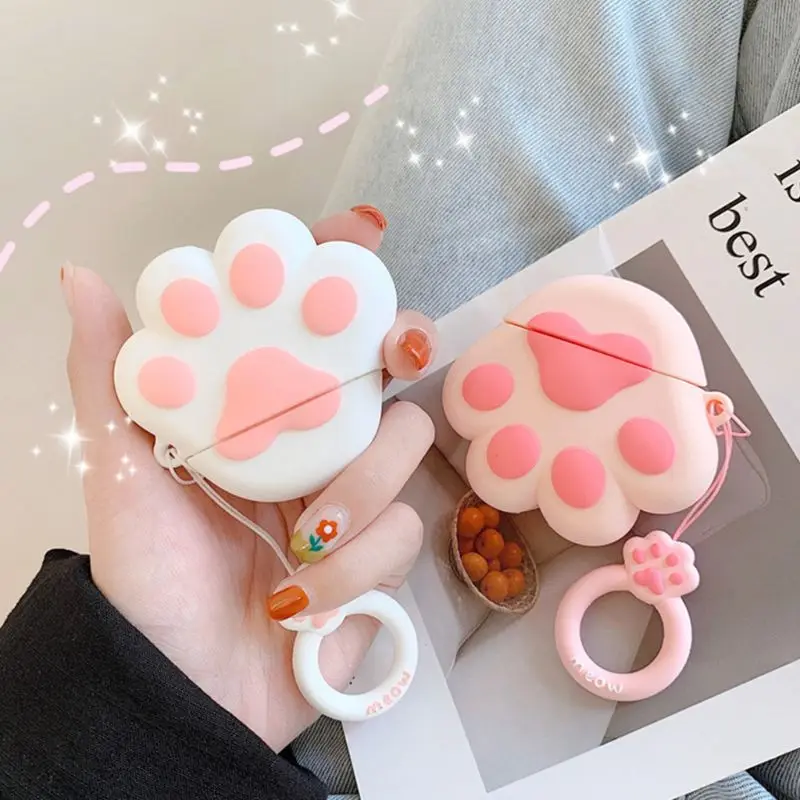 

Cute Cat Claw Pattern Soft Silicone Protective Cover Shockproof Case Skin Shell With Lanyard for Airpods 1/2 Charging Box