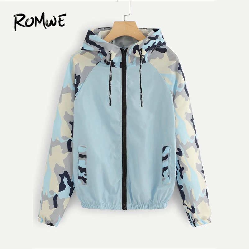 ROMWE синий Камуфляж панель Zip Up hoodie куртка 2019 Swish с длинным рукавом пальто и куртки модные женские туфли демисезонный куртки