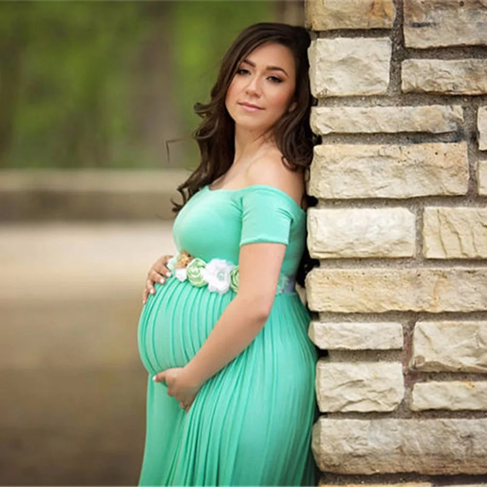 

Puseky Long Maternity Dress For Photo Shooting Boat Neck Dress Maternity Photography Props Short Sleeve Stretch Pregnant Dress