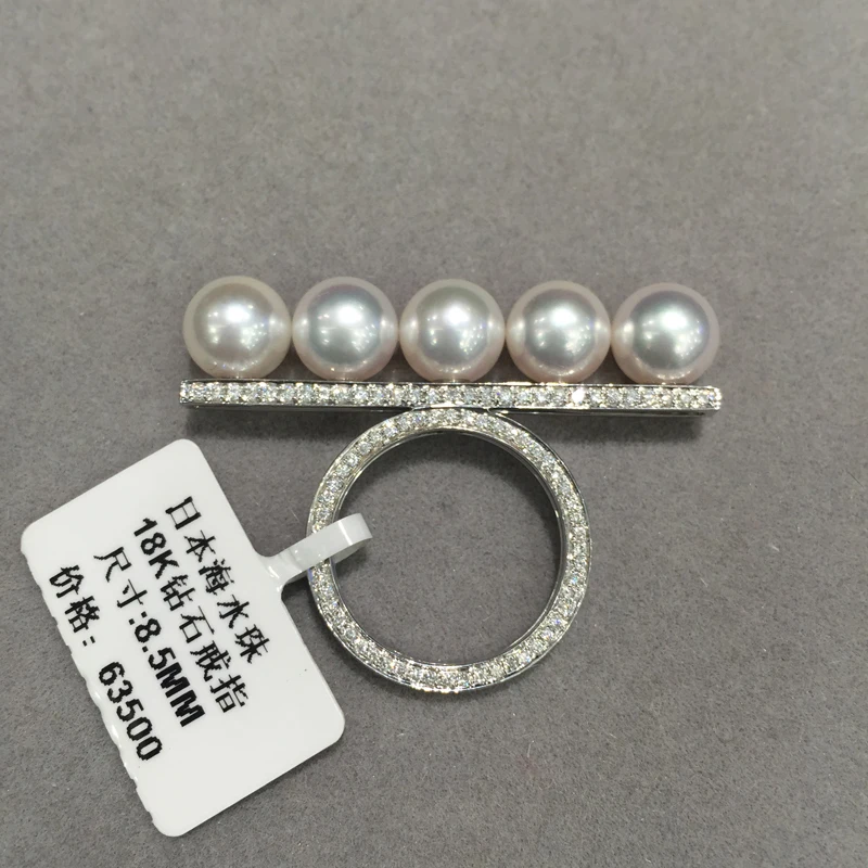 

5 pearls Japan Akoya Natural Sea Water Pearl Ring 18K gold diamond Balance Trendy Women Jewelry Free Shipping 100% real pearl