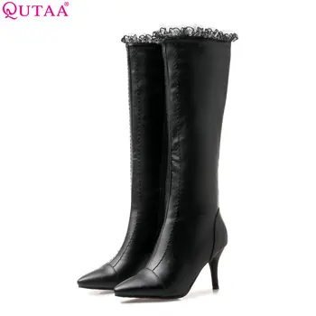 

QUTAA 2019 Winter Shoes Platform All Match Pu Leather Knee High Boots Platform Thin High Heel Woman Boots Big Boots Size 34-43