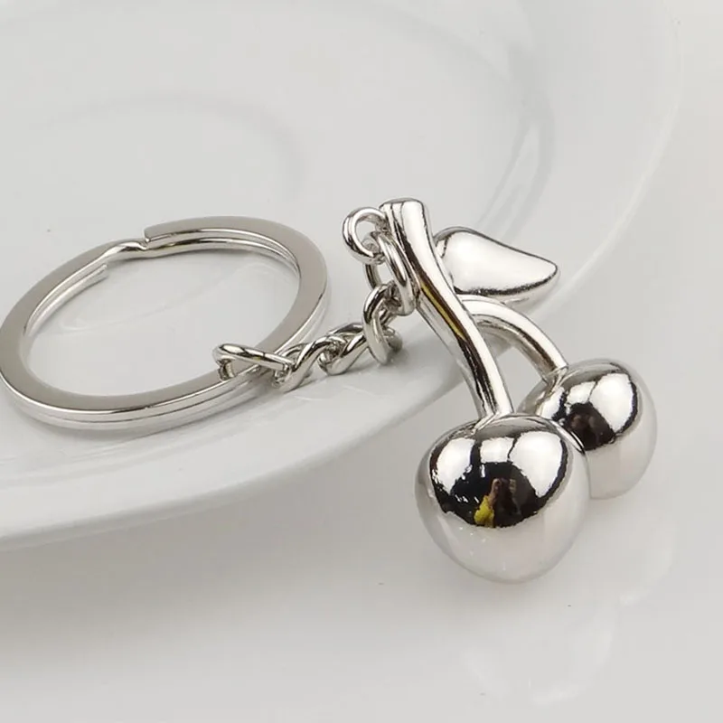 

women keychains Fashion Personality 2 Cherries leaf Keychains High Quality Silver Color cheap keyrings