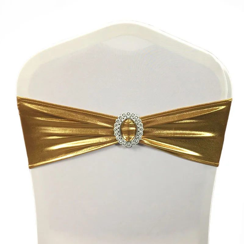 

100pcs Gold Shiny Metalic Gold Spandex Lycra Chair Band With Oval Buckle,Single Layer Spandex Chair Band&Sash for Wedding Event