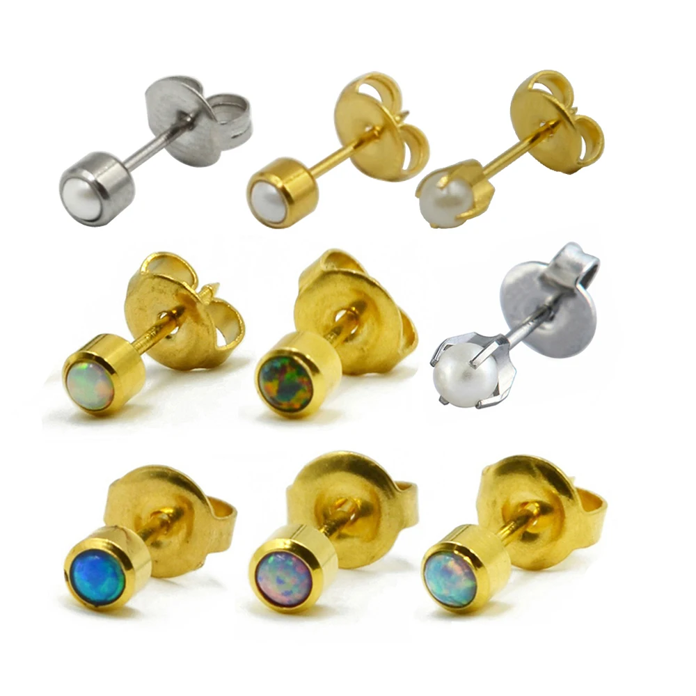 

White Pearl & Opal Stone Stud Ear Piercing Helix Body Jewelry Tragus Cartilage Earring Studs Sold by Pair