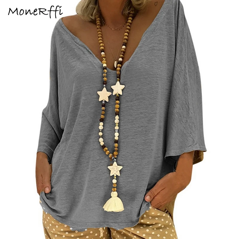 

MoneRffi 2019 Women Loose 3/4 Sleeve T-shirts Solid V Neck Tops for Female Summer Casual Tshirt Plus Size Streetwear Women