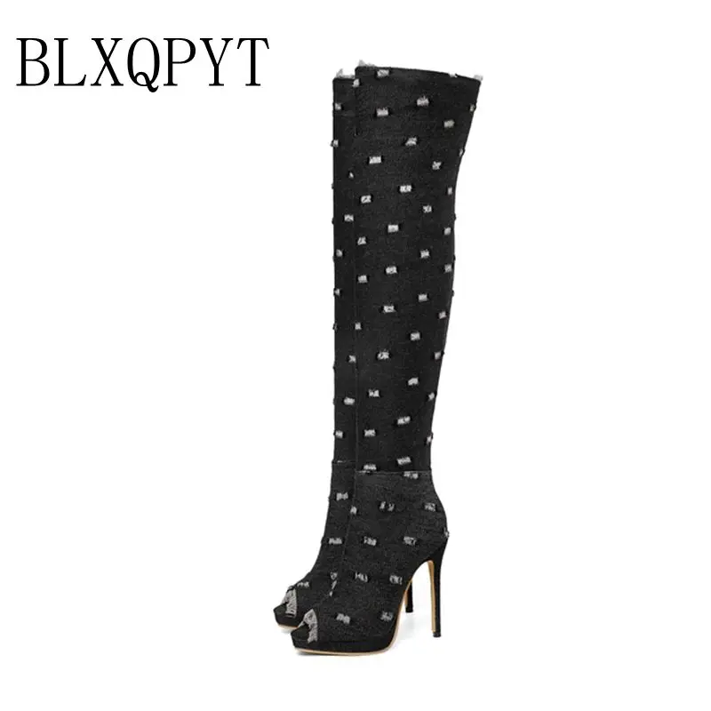 BLXQPYT/весенние модные сапоги выше колена на высоком каблуке 11,5 см очень size28-52 пикантная женская обувь кожаные сапоги на тонком каблуке с круглым носком 19-18