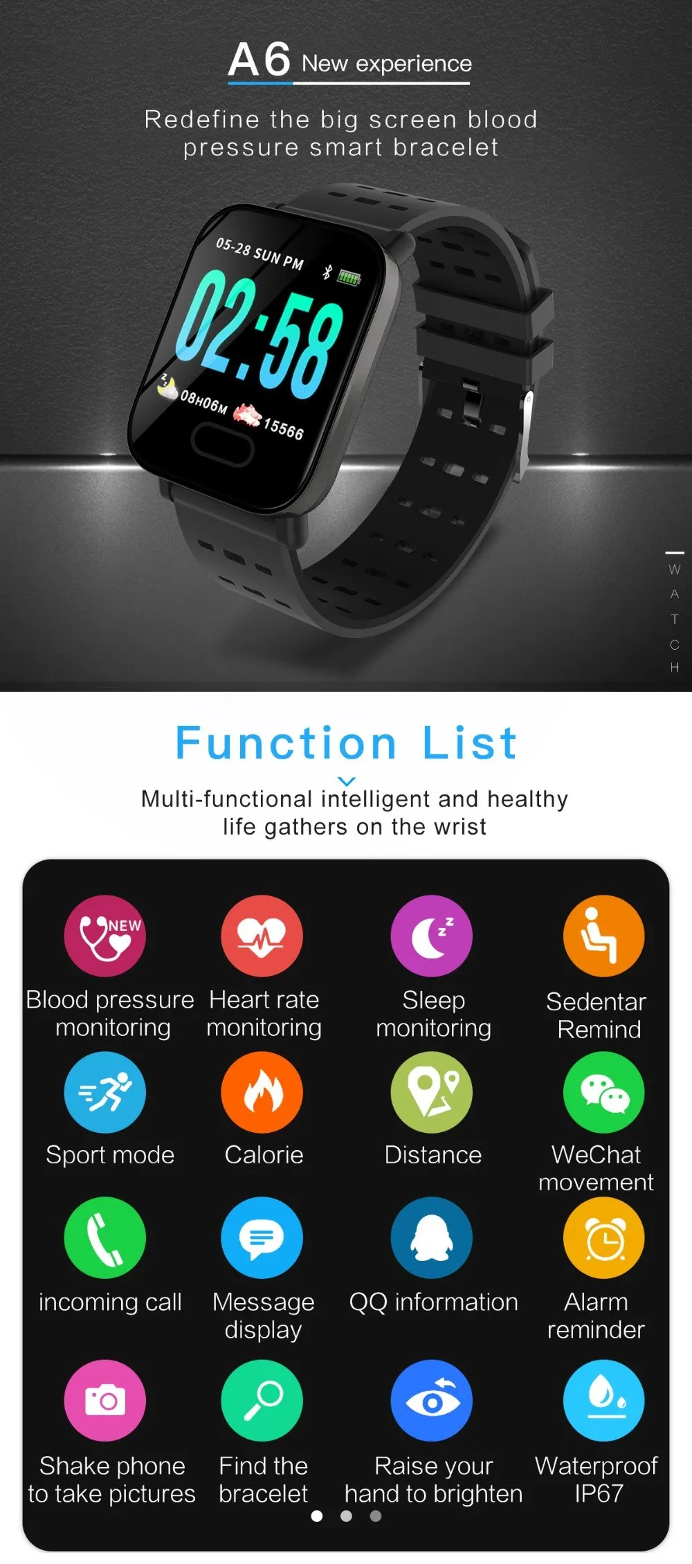 BINSSAW A6 Smart Watch with Heart Rate Monitor Fitness Tracker Blood Pressure Smartwatch Waterproof For Android IOS PK Q8 V6 S9