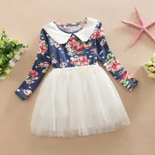 Children Clothing Kid Girl Princess Dress Lapel Long Sleeve Flowers Print Voile Tutu Birthday Dresses