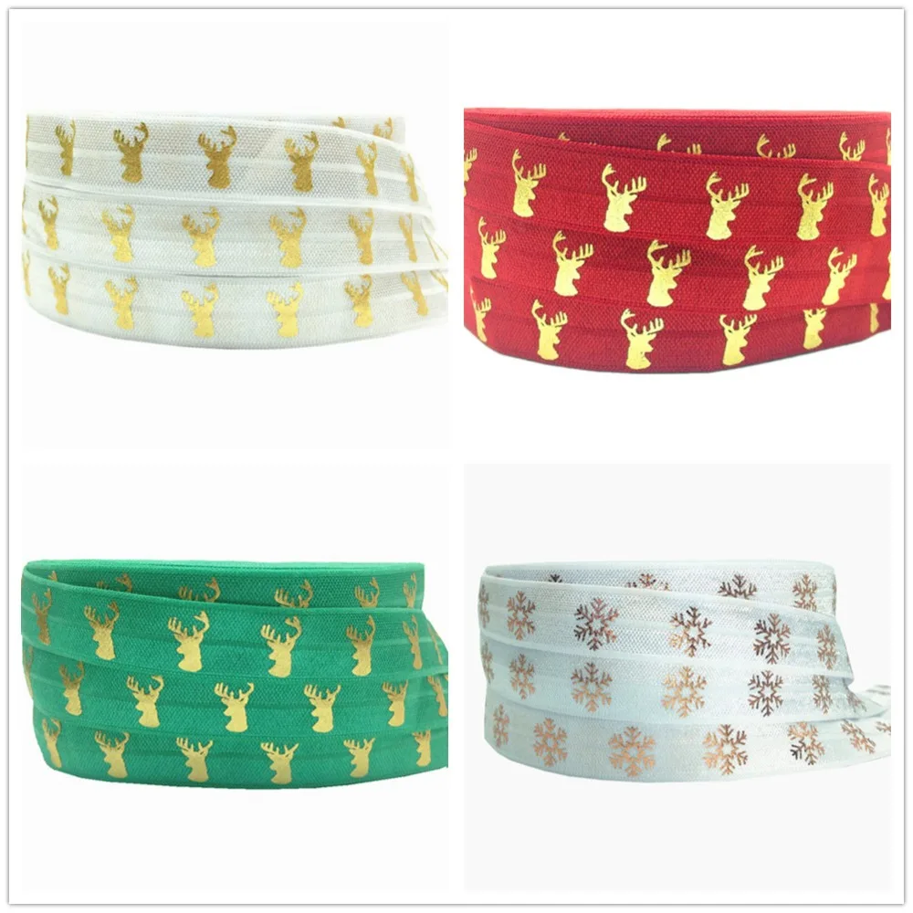 

5Yards 16mm Gold Deer Head print Snowflake print Fold over elastic bands DIY Headband Hair ties decoration Accessories