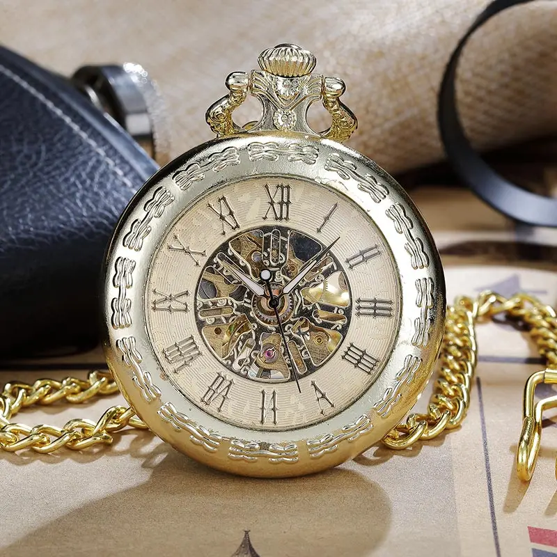 

New Luxury Steampunk Skeleton Vintage Mechanical Pocket Watches Hand-wind Roman Numerals Fob Chain Clock Men Women Gold Gift