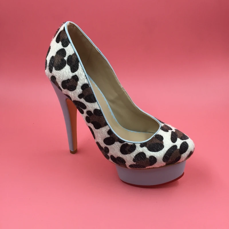 

Leopard Horsehair Women Shoe Pumps Round Toe Slip-on High Heels Stilettos Thick Platform Real Photo Ladies Shoes Pump 2017 New