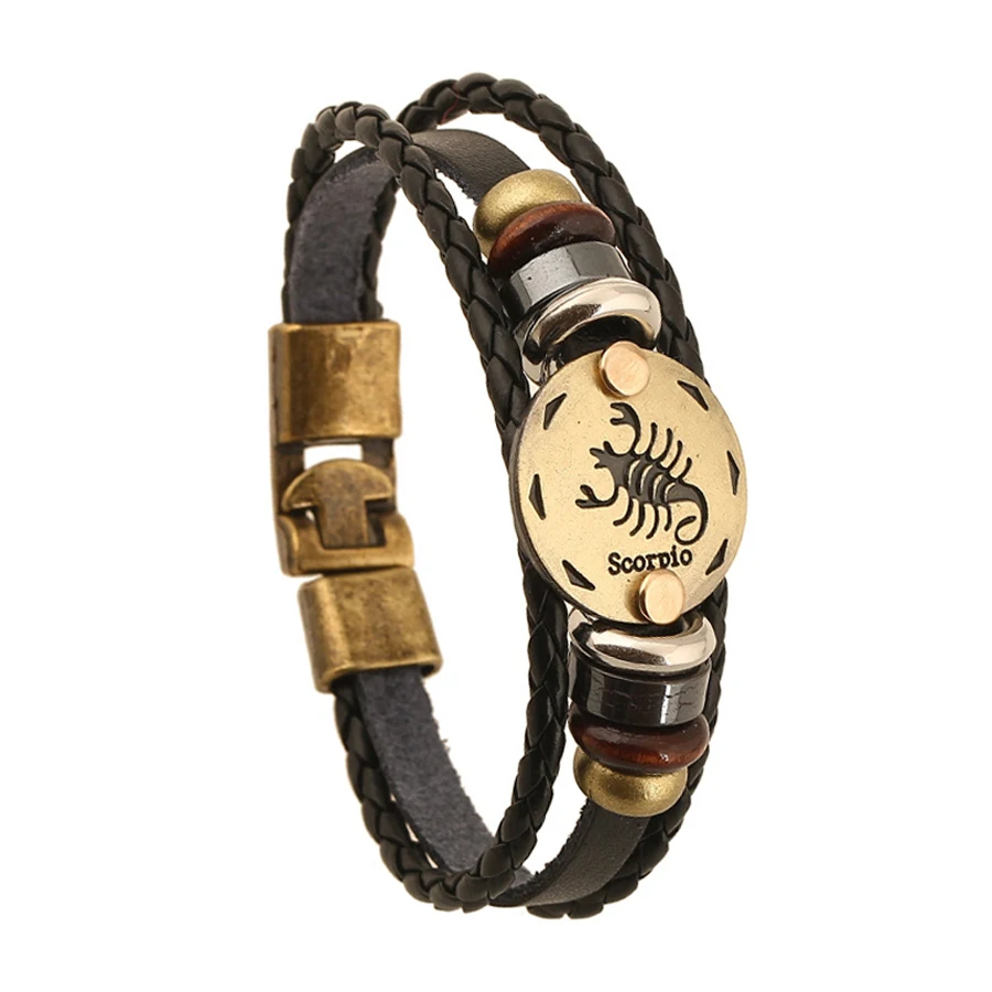 12 Zodiac Scorpio Fashion Vintage Jewelry Alloy Leather Bracelet Punk