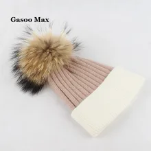 Для женщин из натурального меха с помпоном шапка женская Зимняя шерстяная вязаная шапочка с меховыми помпонами Кепки из кашемира, меховая шапка из натурального помпон из меха енота шляпа