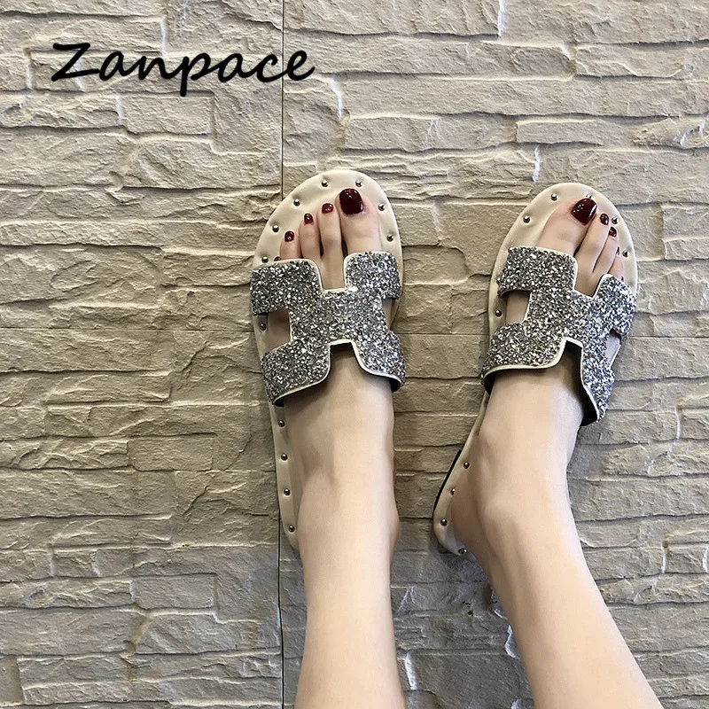 

Zanpace Spring New Slippers Fashion Low Women Shoes Bling H Word Flip Flops Non-slip Sexy Flat Slides 2019 Slippers Women