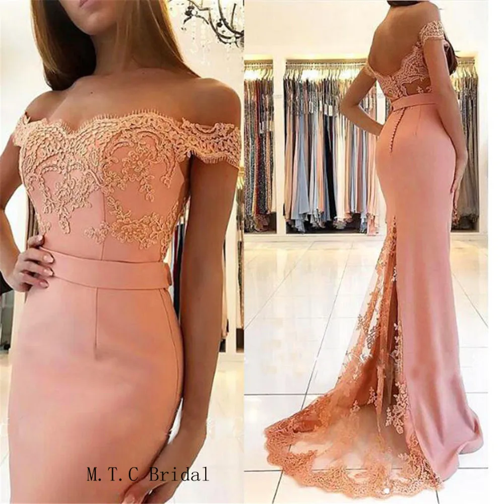 

Blush Pink Long Elegant Formal Evening Dress 2019 Off The Shoulder Lace Elastic Satin Mermaid Cheap Prom Gowns Custom Made