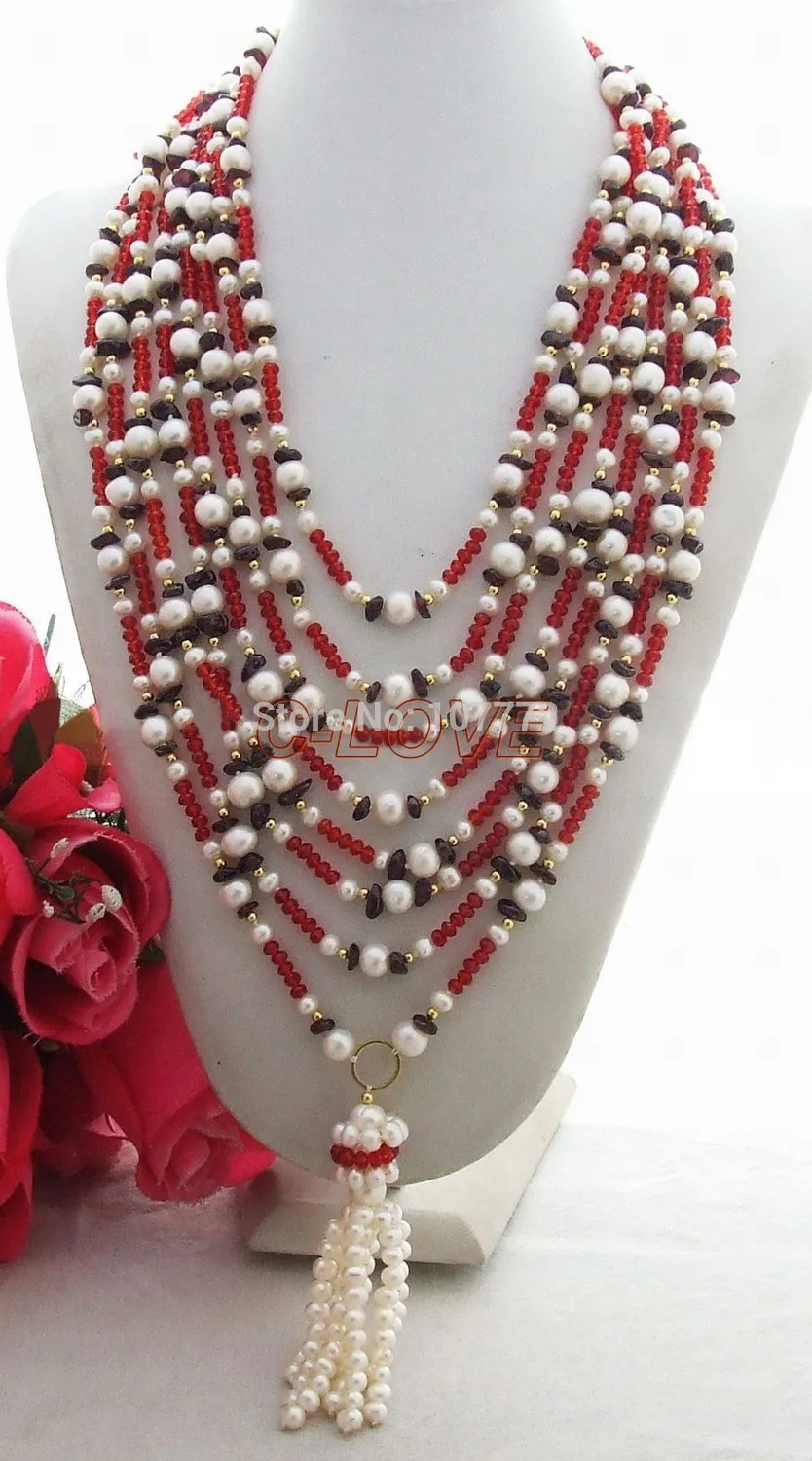 

Hand-Made Semi-Stone Charming! 8 strands Pearl&Garnet&Crystal Necklace free shipment