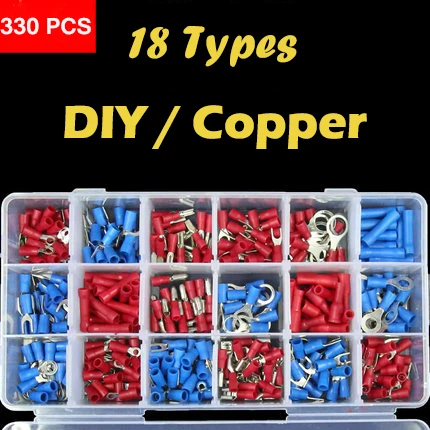 

330pcs Assorted Insulated Terminals 18 Types Copper Wire Crimp Connectors Kit Ring Spade Terminals
