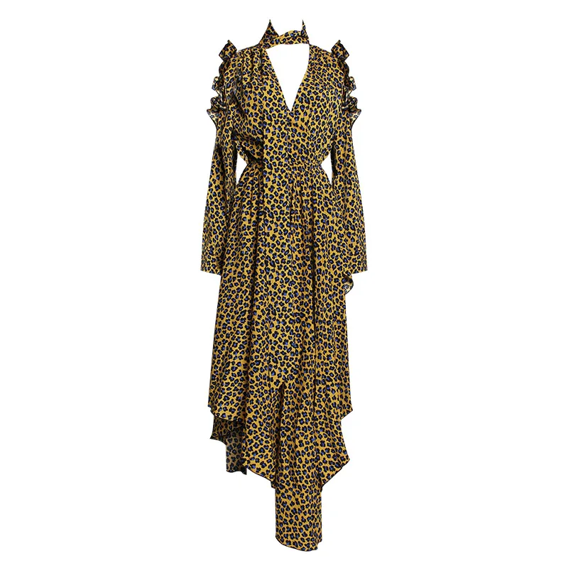 

OMIKRON Vintage Women Leopard Dresses Summer Ruffles Halter Irregular Lace Up Dress Sleeveless Dresses for Female Vestidos