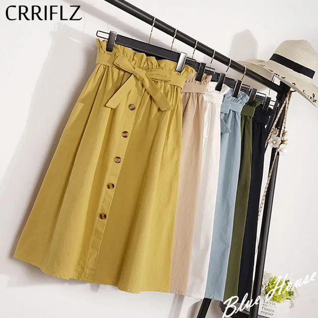 US $7.79 CRRIFLZ Summer Autumn Skirts Womens Midi Knee Length Korean Elegant Button High Waist Skirt Female 