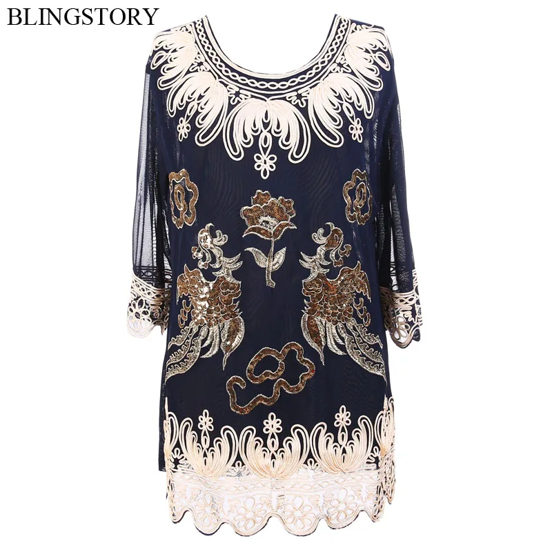 BLINGSTORY Luxury Women's Clothing Plus Size 5xl See through Lace Blusa