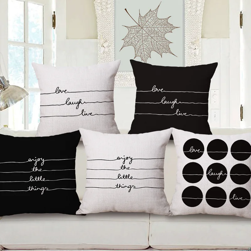 SunnyRain 1 Piece Black And White Writing Cushion Cover Linen Cotton