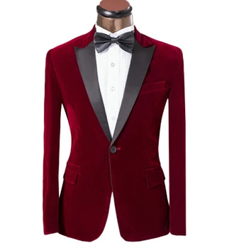 

2016 New Elegant Burgundy Velvet Groom Tuxedo Jacket Black Lapel Mens Blazer Slim Fit Suit Men Wedding Suits With Pants
