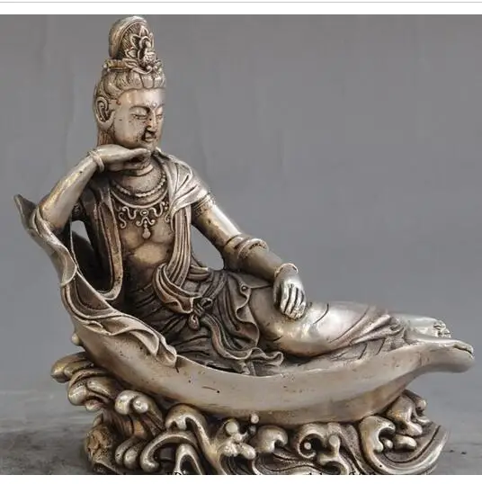 

decoration copper silver factory outlets 6"China buddhism silver sleep fastdom sleep Kwan-Yin guanyin goddess buddha statue