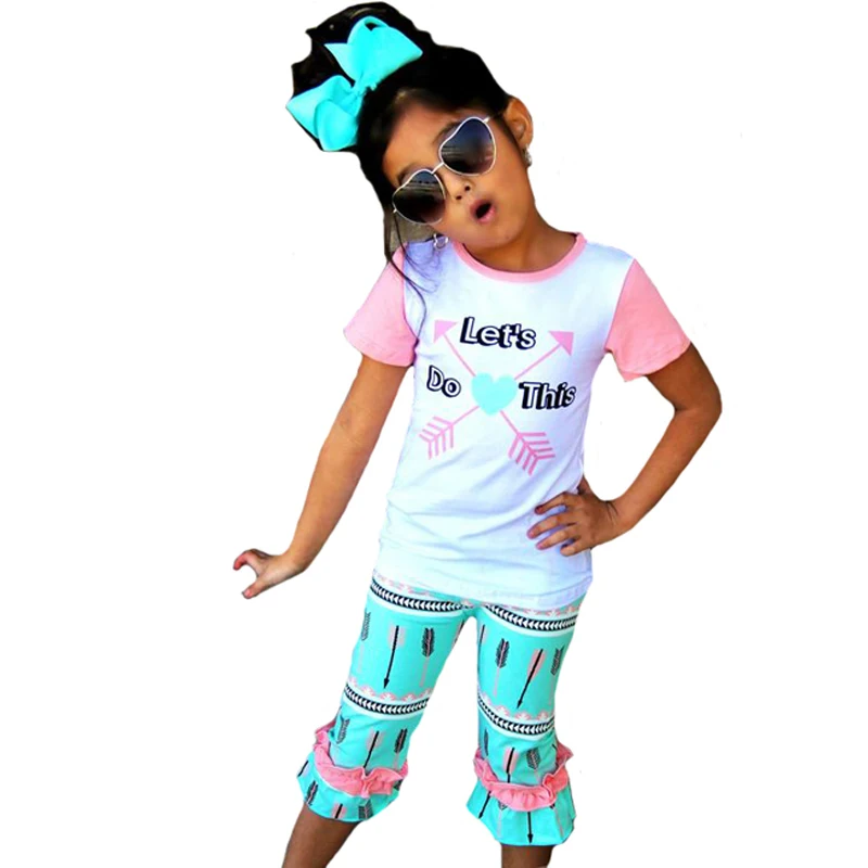 

Girls Clothing Set Boutique 2018 Summer Arrow Heart T Shirts+Pants+Bow Headband 3pcs Girl Clothes Letter Kids Baby Clothing Sets