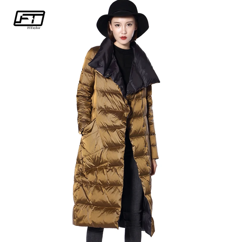 

Fitaylor Winter Women Down Long Jacket Turtleneck Double Sided White Duck Down Coat Double Breasted Warm Parkas Snow Outwear