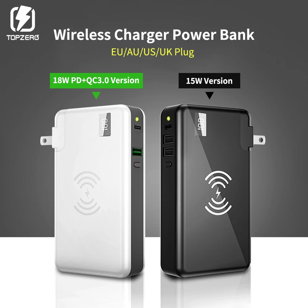 

TOPZERO 10000 mAh Wireless Charger Power Bank For Xiaomi Huawei iPhone Samsung Portable LED PD QC 3.0 USB Fast External Battery