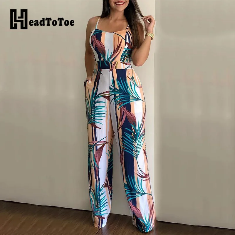 

Spaghetti Strap Leaf Print Jumpsuit for Women Summer Sleeveless Female Casual Rompers Jumpsuits