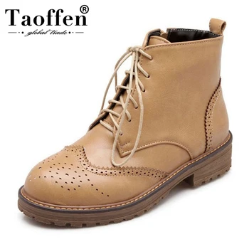 

TAOFFEN Size 33-43 Women Flats Boots Round Toe Lace Up Women Short Boots Classic Fashion Ankle Boots Woman Footwear