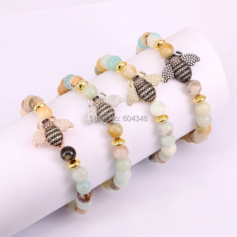 

5 Strand ZYZ182-8469 New Design CZ Micro Pave Zirconia Insect Bracelet with 8mm Amazonia / Amazon Stone Beads Women Jewelry