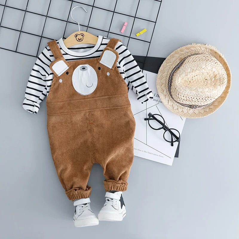 HYLKIDHUOSE الطفل الفتيات الفتيان مجموعة ملابس 2018 الخريف الأطفال الملابس الدعاوى طفل الرضع الدب T قميص مريلة السراويل الاطفال زي